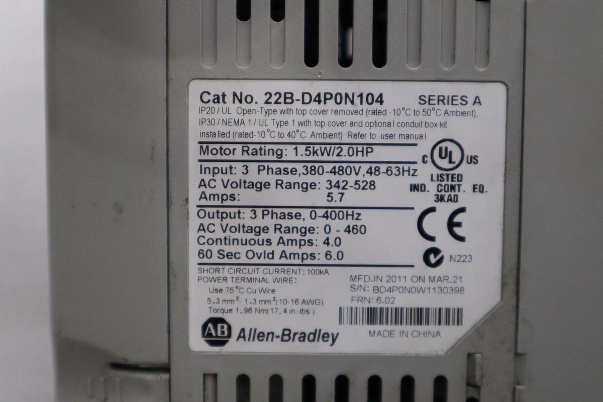 Used Allen Bradley 22B-D4P0N104 Powerflex 40 Ac VFD Drive 0-400Hz 2HP STOCK H1245 820919078552
