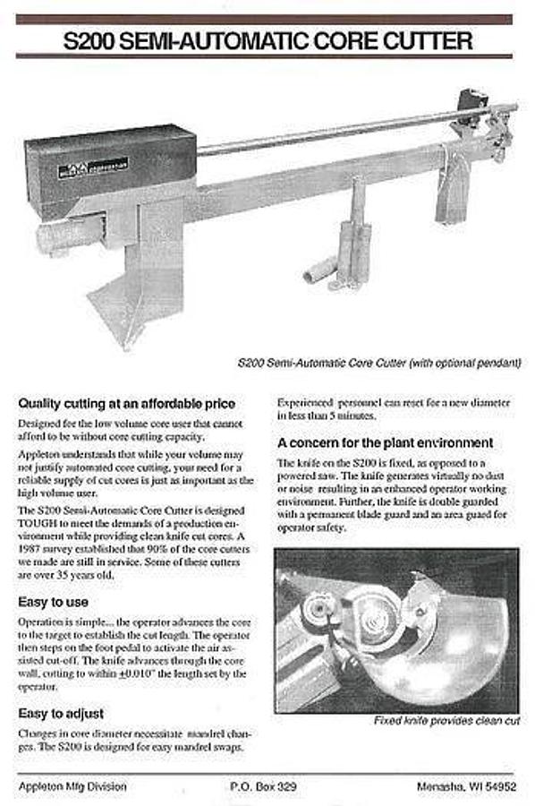 Used APPLETON MENASHA NODEL S200 120" LONG CORE CUTTER, 5" DIA.