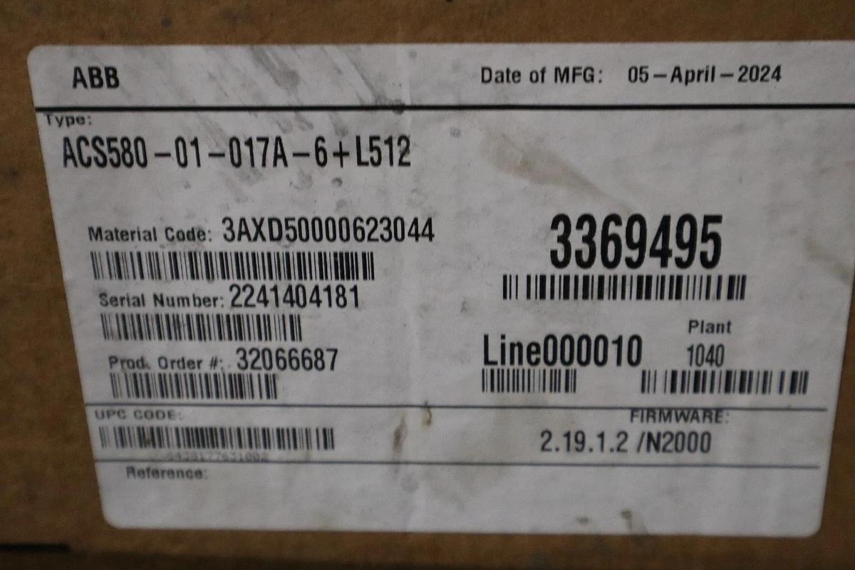 Used ABB ACS580-01-017A-6+L512 AC DRIVE 3~525-600V IN 15HP 17A TYPE 1 - STOCK GF36