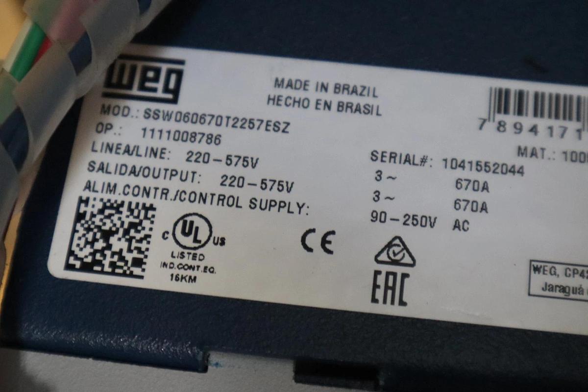 Used WEG SSW06 SOFT STARTER, 220-575v; 670a; 3Phase; P/N: SSW060670T2257ESZ