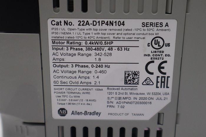 Used ALLEN BRADLEY 22A-D1P4N104 SER. A ADJUSTABLE FREQUENCY AC DRIVE  STOCK B-1294