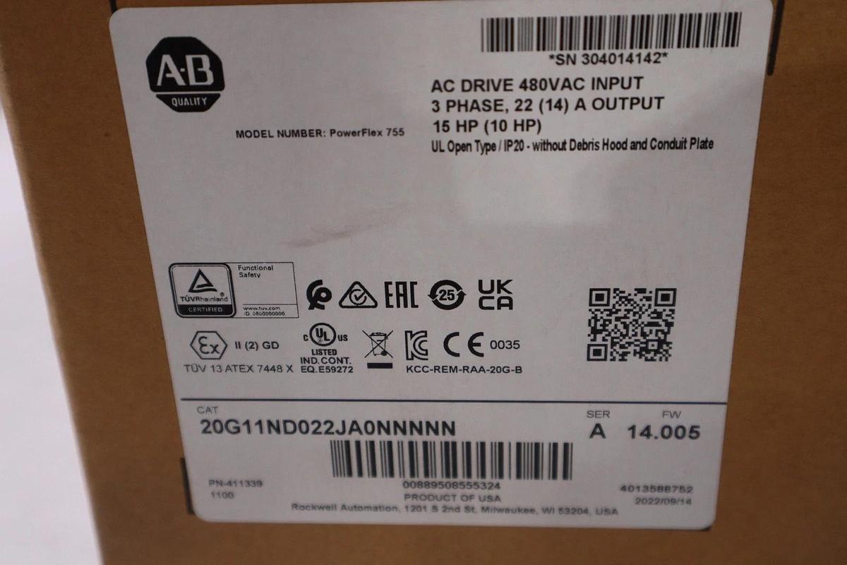 Used Allen Bradley 20G11ND022JA0NNNNN Powerflex 755 15 hp - NEW IN BOX - STOCK 1709CC