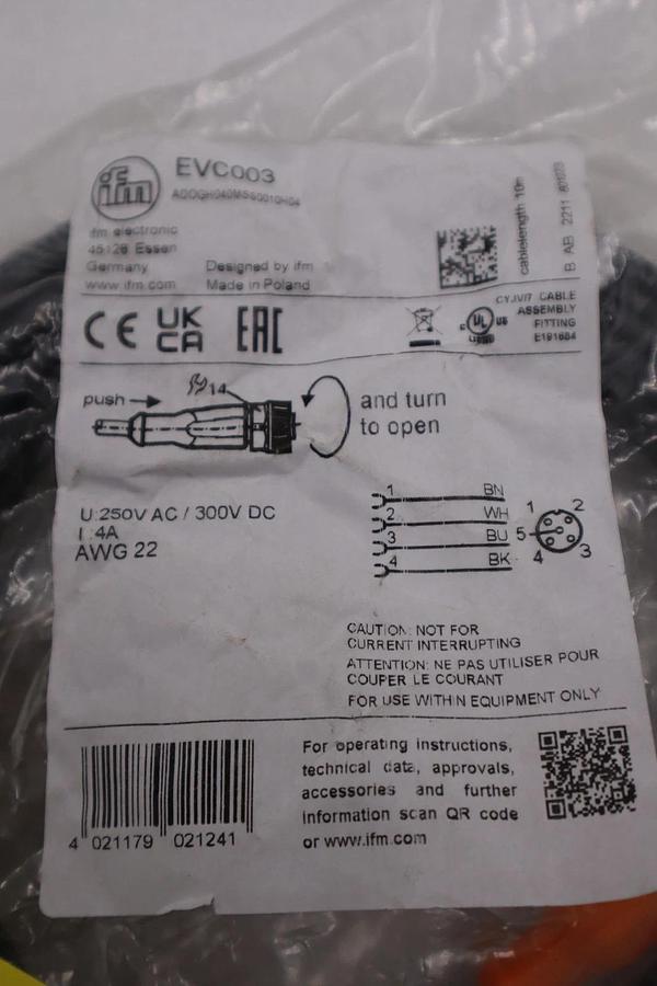 Used IFM EVC003 M12 Female Cordset Sensor Cable 250V AC STOCK G773