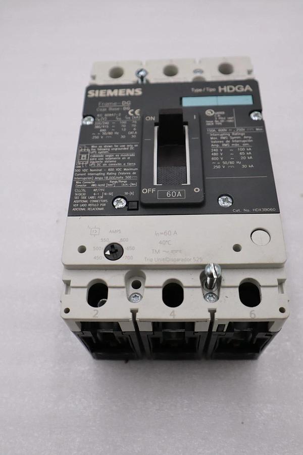 Used SIEMENS HDX3B060 60 AMP 600V 3 PHASE HDGA TYPE CIRCUIT BREAKER STK H1432