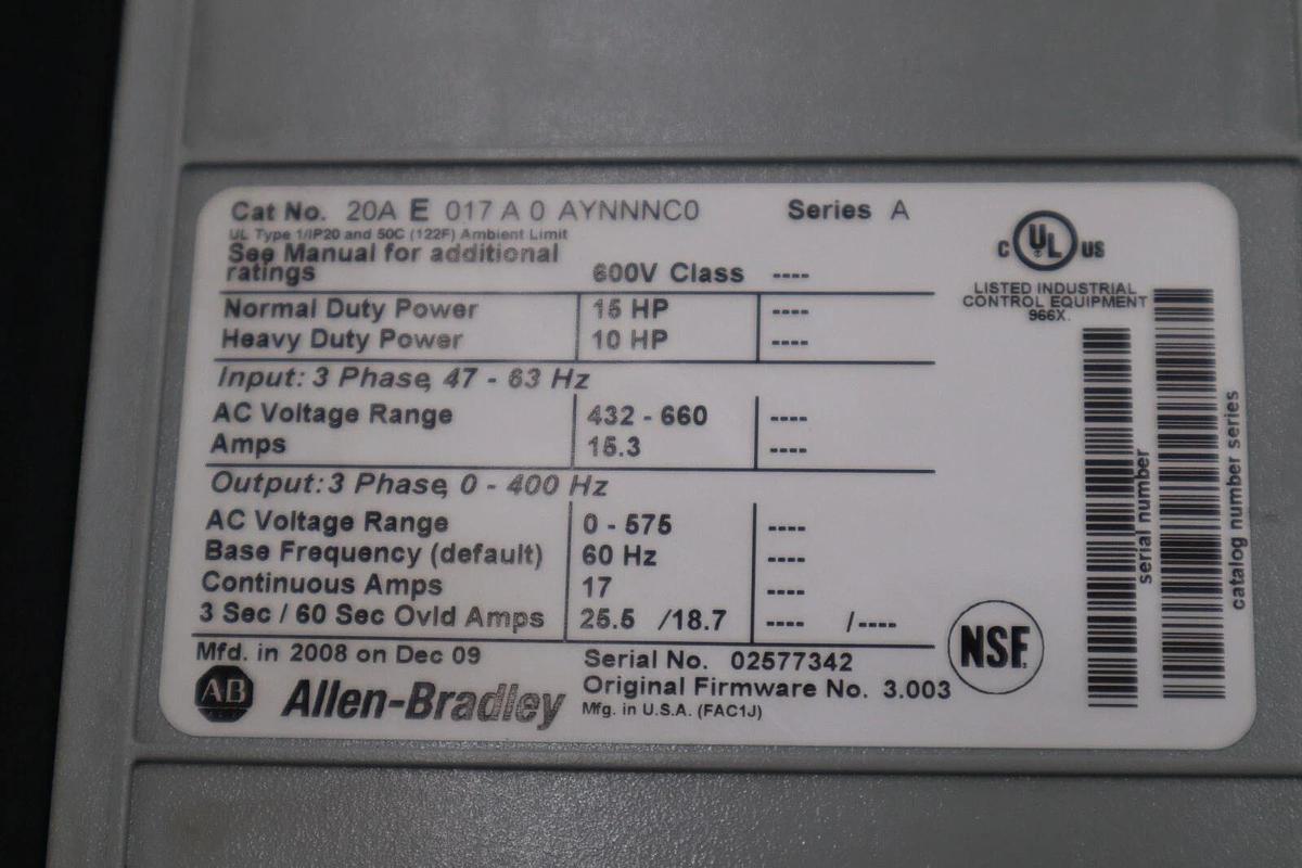 Used 15 HP ALLEN BRADLEY 20AE017A0AYNNNC0 600V POWERFLEX 70 VFD DRIVE STOCK 1801B