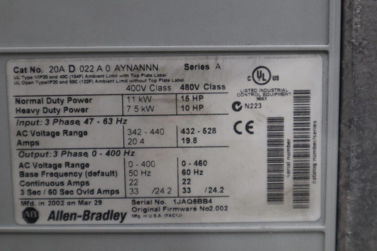 Used Allen Bradley 20AD022A0AYNANNN /A PowerFlex 70 15HP AC Drive - STOCK 1873CC
