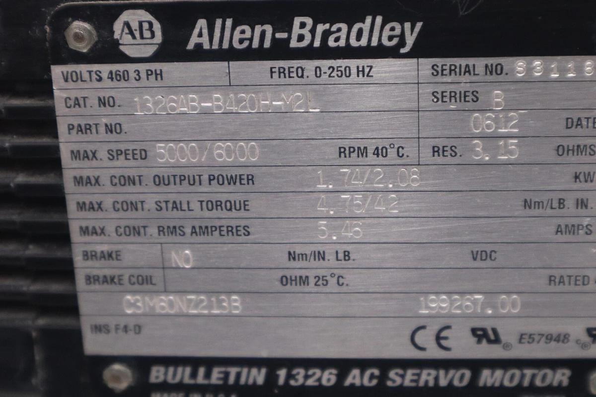 Used ALLEN BRADLEY 1326AB-B420H-M2L SERVO MOTOR AC PERMANENT MAGNET STOCK M-162