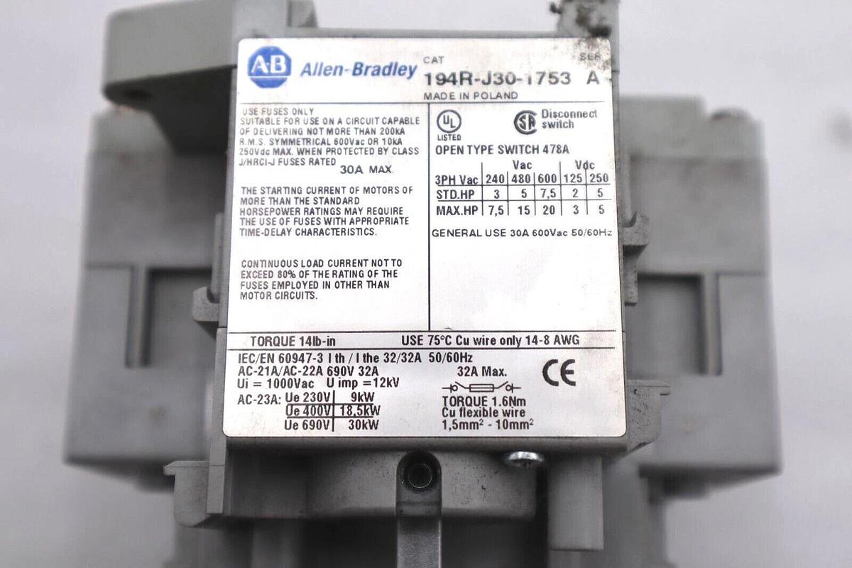 Used ALLEN BRADLEY 194RJ301753 OPEN TYPE SWITCH 478A 30A MAX #L-226