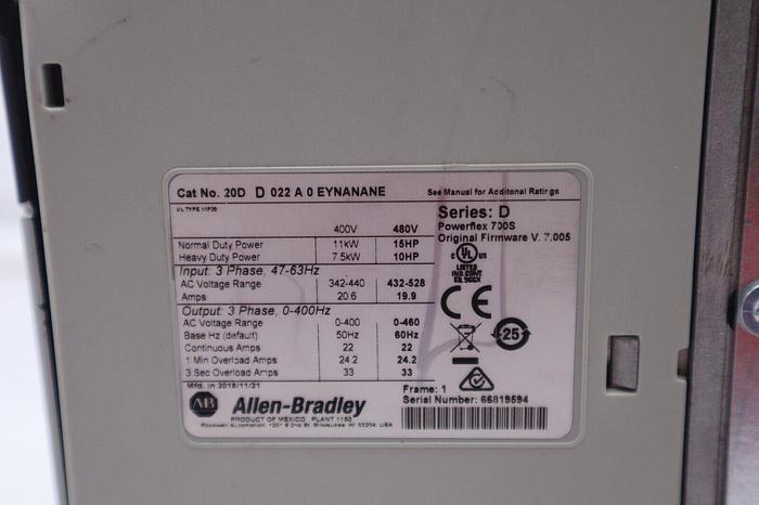 Used 2018 Allen Bradley PowerFlex 700S VFD 20DD022A0EYNANANE 15HP STOCK 2703