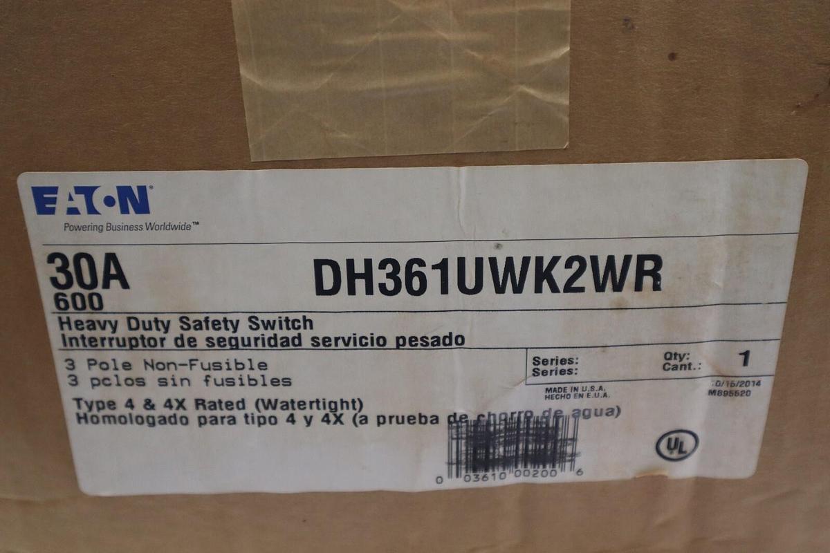 Used NEW Eaton DH361UWK2WR Nema  600V 30A  3 ph  Safety Switch Stainless STOCK W-72
