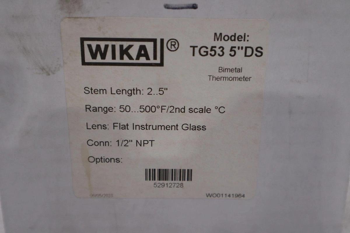 Used Wika TG53 5'' DS  Bimetal Thermometer  2.5'' RANGE 50-500F 1/2 NPT - STOCK GF264