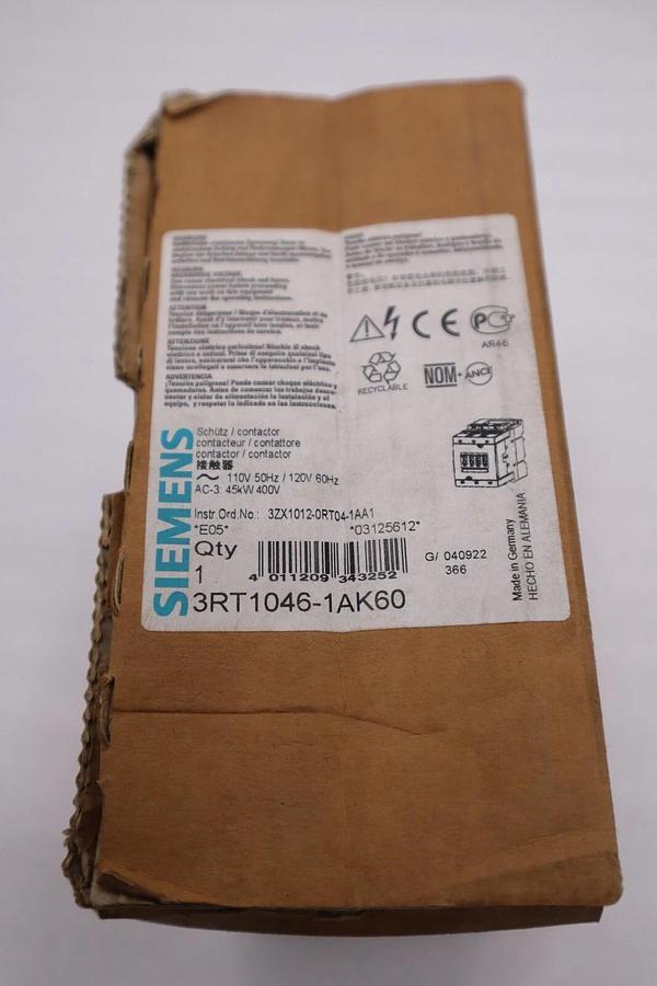 Used NEW IN BOX SIEMENS 3RT1046-1AK60 CONTACTOR 95 AMP 3 POLE STOCK H368A
