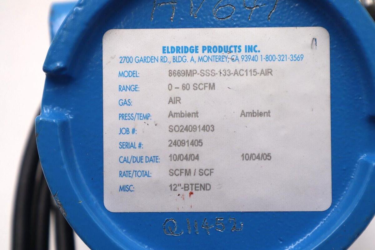 Used ELDRIDGE 8669MP-SSS-133-AC115 FLOW SENSOR METER FLOWMETER ASSEMBLY STOCK 2402