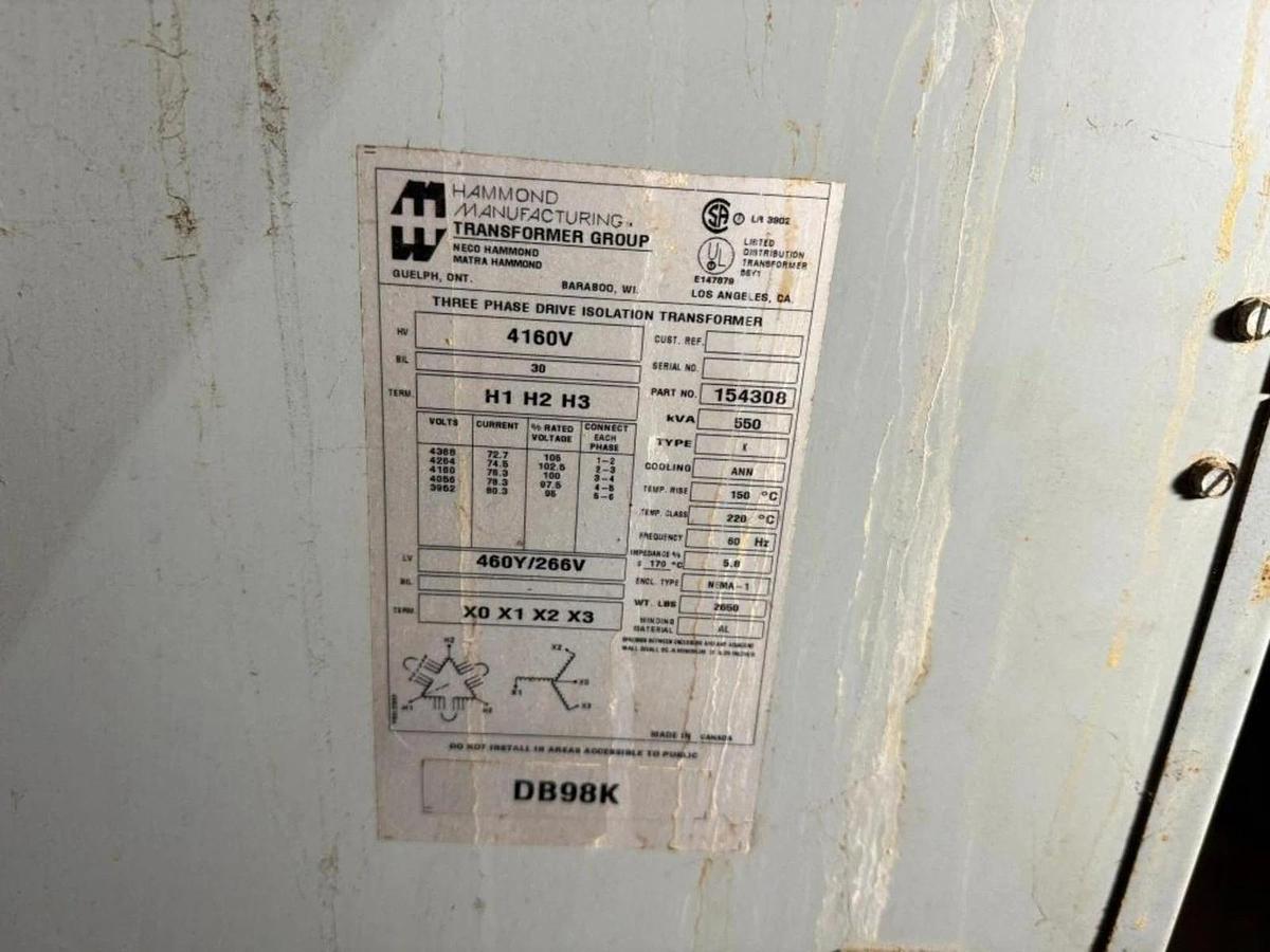 Used 550 kVA HPS Hammond 154308 Transformer HV 4160V LV 480/266V ALUMINUM WINDINGS