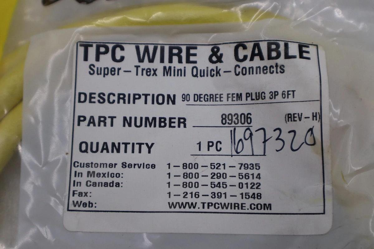 Used NEW TPC WIRE & CABLE 89306 CORDSET (5 AVAILABLE) STOCK H834