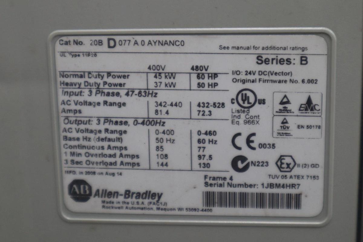 Used ALLEN BRADLEY 20BD077A0AYNANC0 AC DRIVE POWERFLEX 700 480V AC 60 HZ 60 HP #2108C