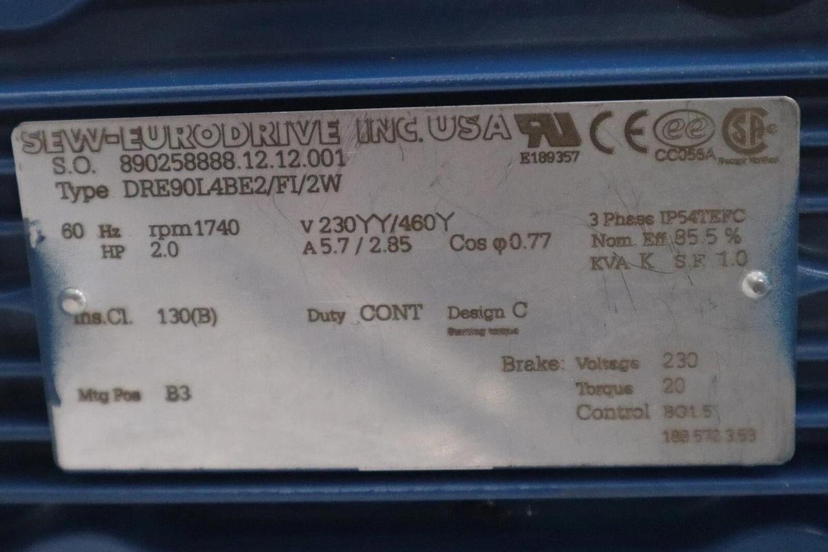 Used Sew Eurodrive DRE90L4BE2/FI/2W 60Hz RPM 1740 HP 2.0 3 PHASE MOTOR STOCK M-158