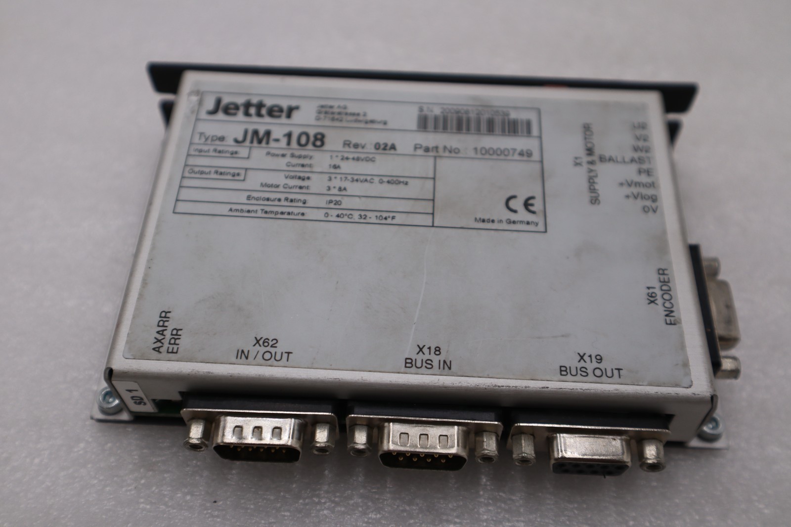 Used JETTER JM-108 REV 02A PART NO 10000749 Servo Drive STOCK H1070A