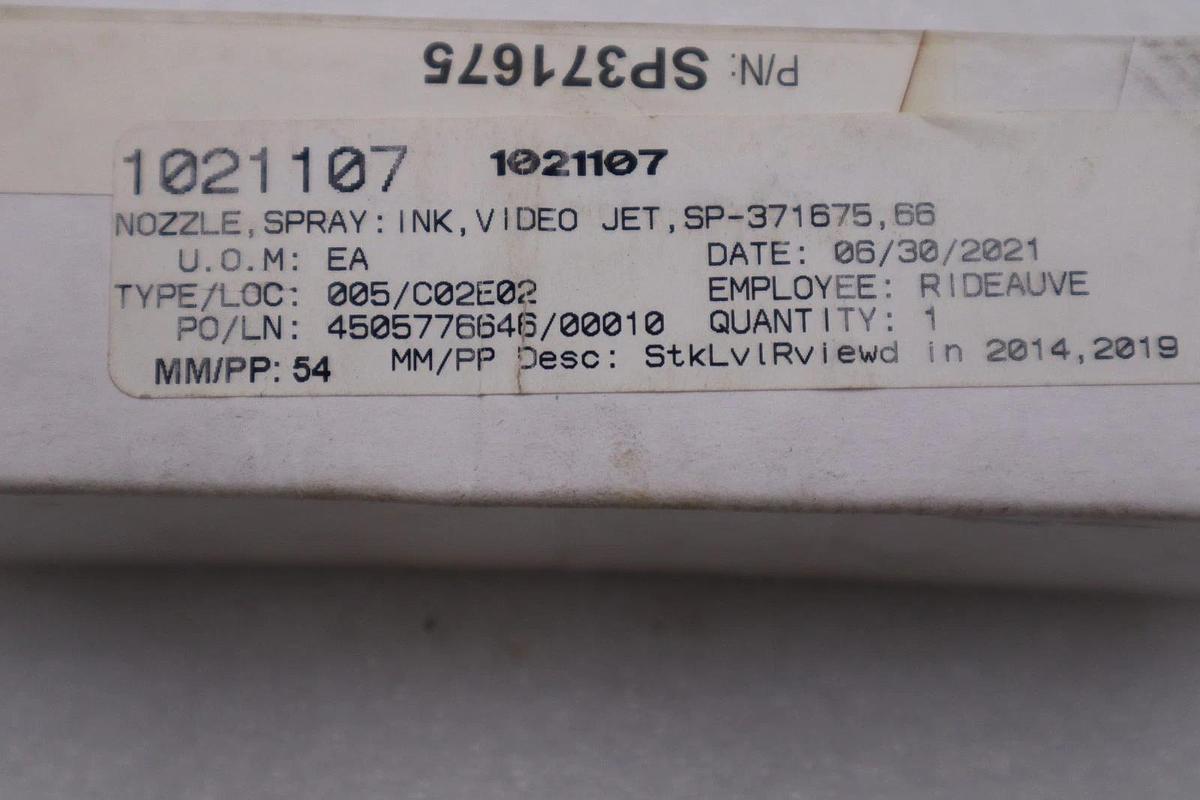 Used NEW OPEN BOX VIDEOJET SP371675 / SP371675 MICRON NOZZLE STK H1127A