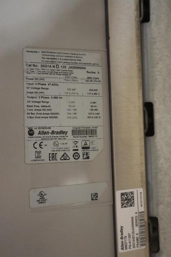 Used ALLEN BRADLEY 20G1AND125JA0NNNNN PowerFlex 755 AC Drive 100 HP - STOCK CC102