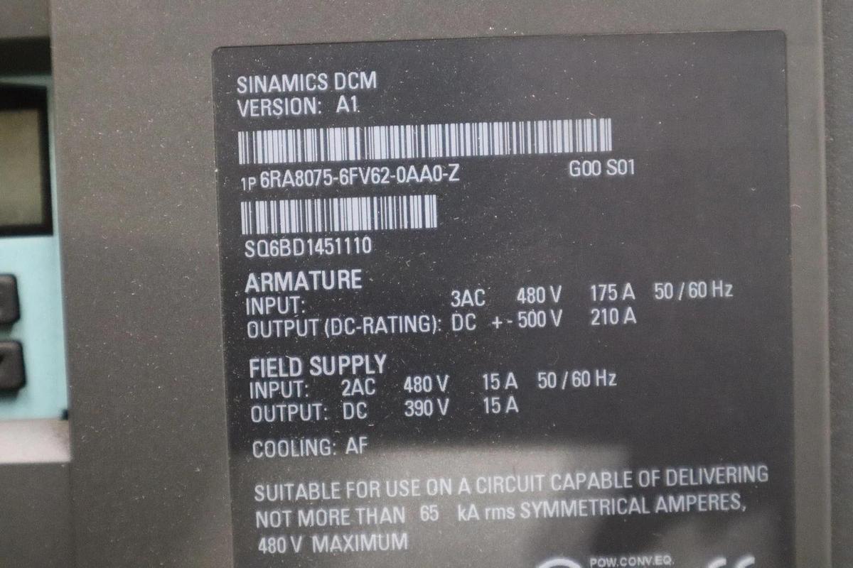 Used Siemens 6RA8075-6FV62-0AA0-Z G00 S01 DRIVE ARMATURE INPUT 50-480VAC - STK 5122CC