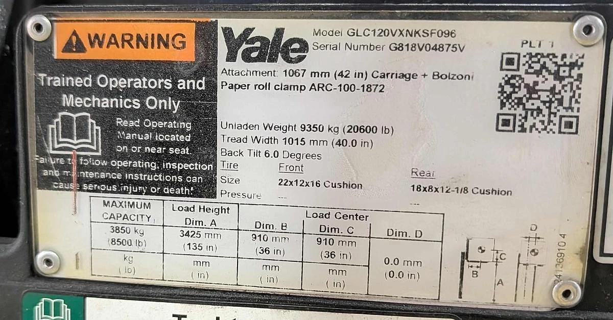 Used 12,000 POUND YALE GC120VXPRS FORKLIFT WITH 72" SPLIT FRAME BOLZONI CLAMP 2 STAGE