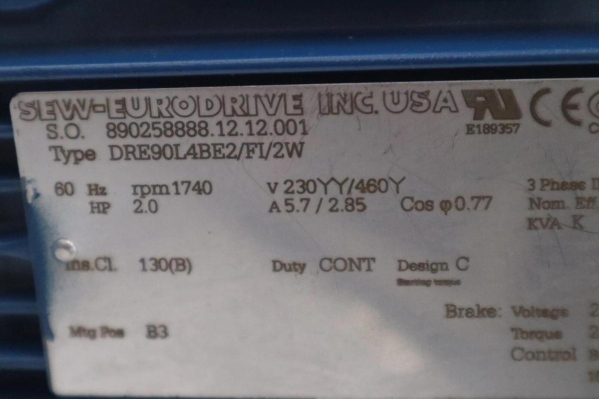 Used Sew Eurodrive DRE90L4BE2/FI/2W 60Hz RPM 1740 HP 2.0 3 PHASE MOTOR STOCK M-158