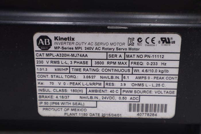 Used Allen Bradley MPL-A320H-MJ74AA  |  Kinetix AC Servo Motor STOCK 4062