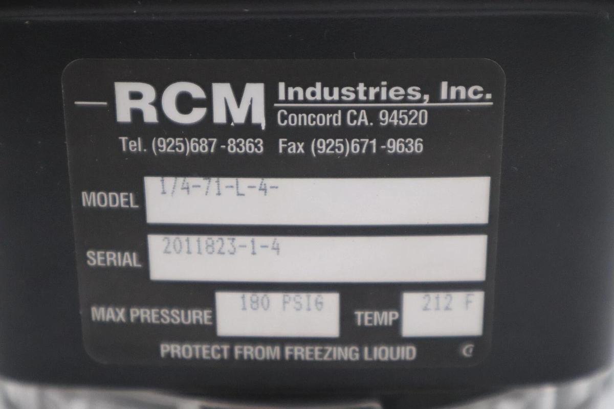 Used NEW RCM 1/4-71-L-4 INDUSTRIES FLOWMETER MAX PRESSURE 180 PSIG TEMP 212F #5683A