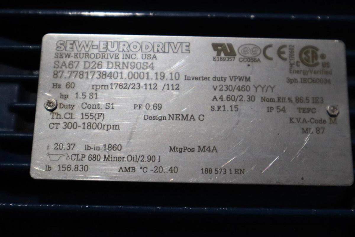 SEW EURODRIVE SA67 D26 DRN90S4/ SA67D26DRN90S4 GEARMOTOR-SURPLUS NEVER USED HS25