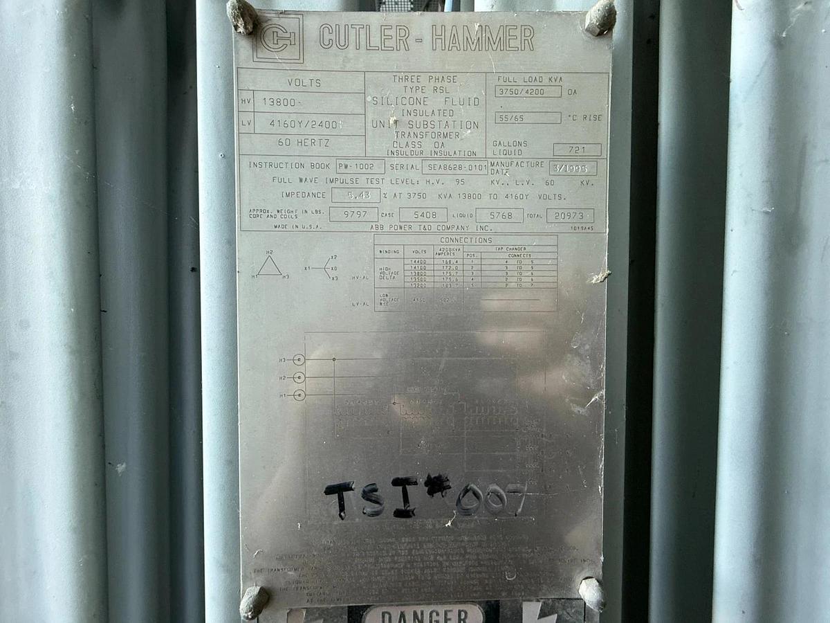 Used Cutler Hammer Substation Transformer 3750 Kva Primary 13600 Sec 4160Y/2400 Volt