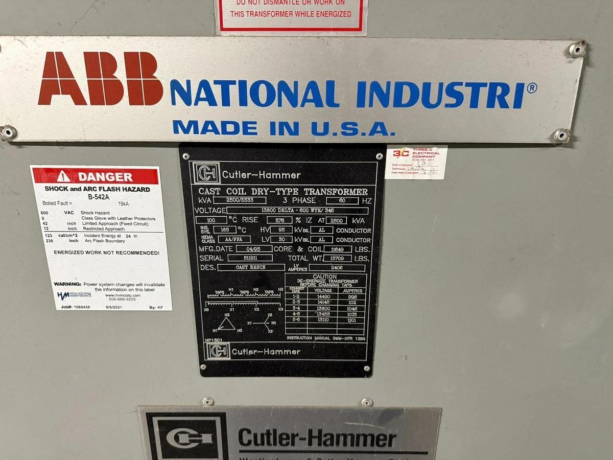 Used ABB CUTLER HAMMER 2500/3333 kVA 13800 Delta to 600Y 3PH Dry Type Transformer