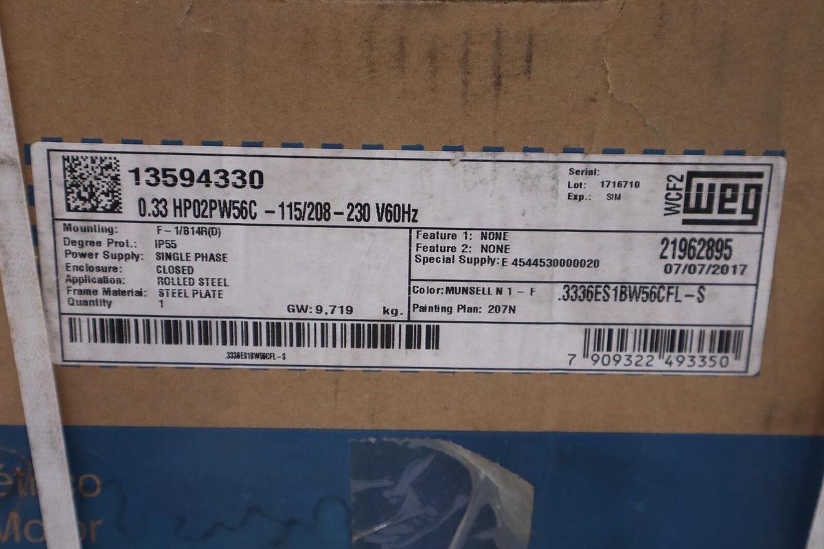 NEW WEG 0.33 HP02PW56C-115/208-230V 60HZ IP55 .3336ES1BW56CFL-S STOCK H176