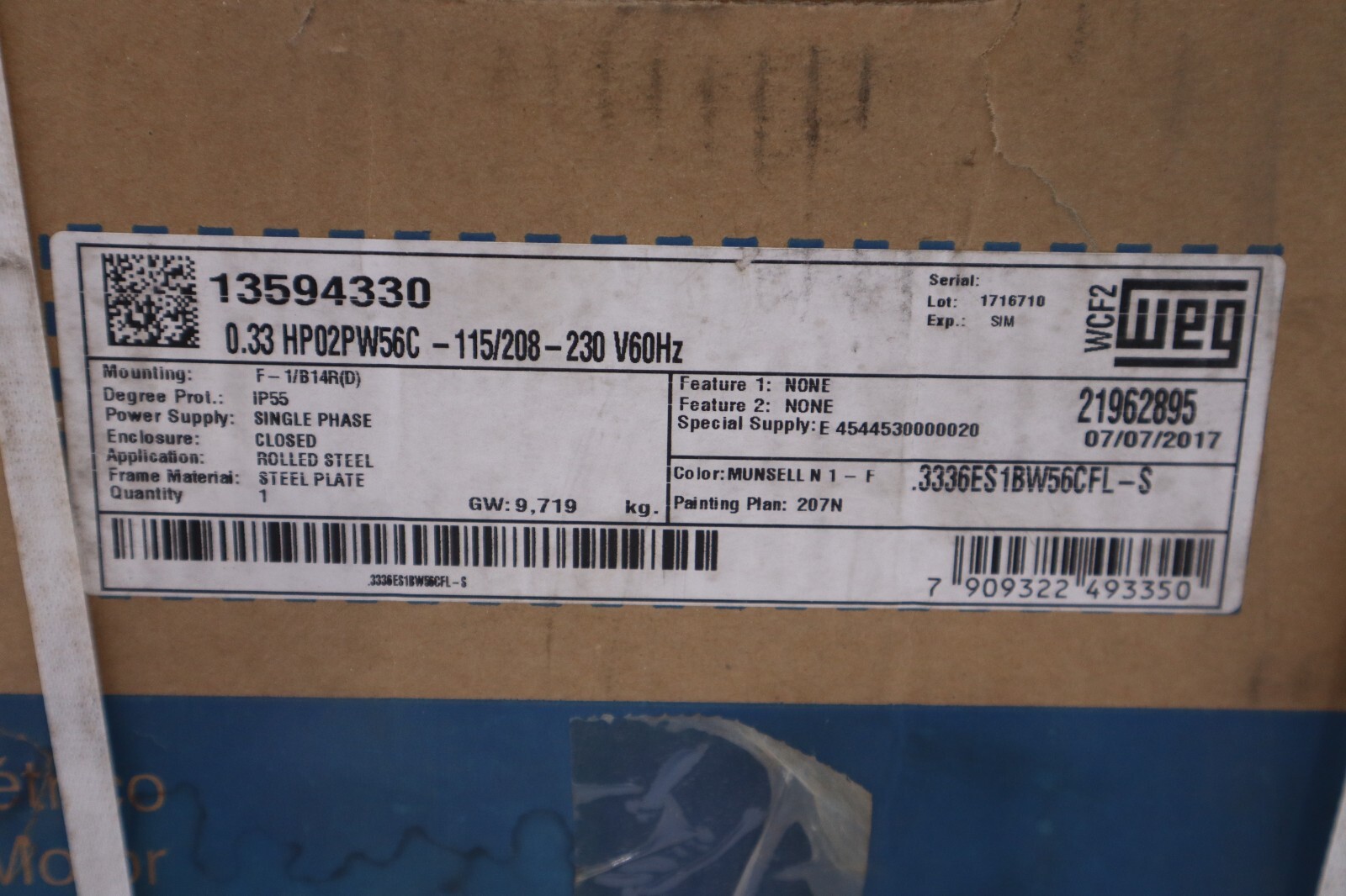 NEW WEG 0.33 HP02PW56C-115/208-230V 60HZ IP55 .3336ES1BW56CFL-S STOCK H176