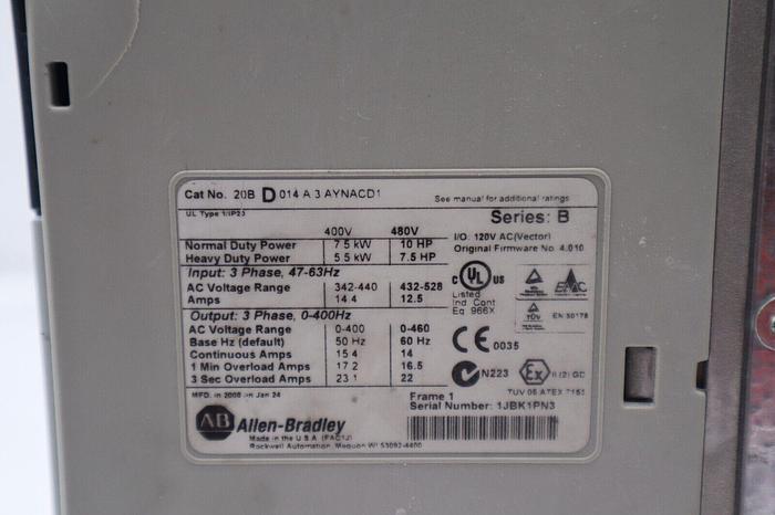 Used ALLEN-BRADLEY 20BD014A3AYNACD1 POWERFLEX 700 SERIES B STOCK #2802