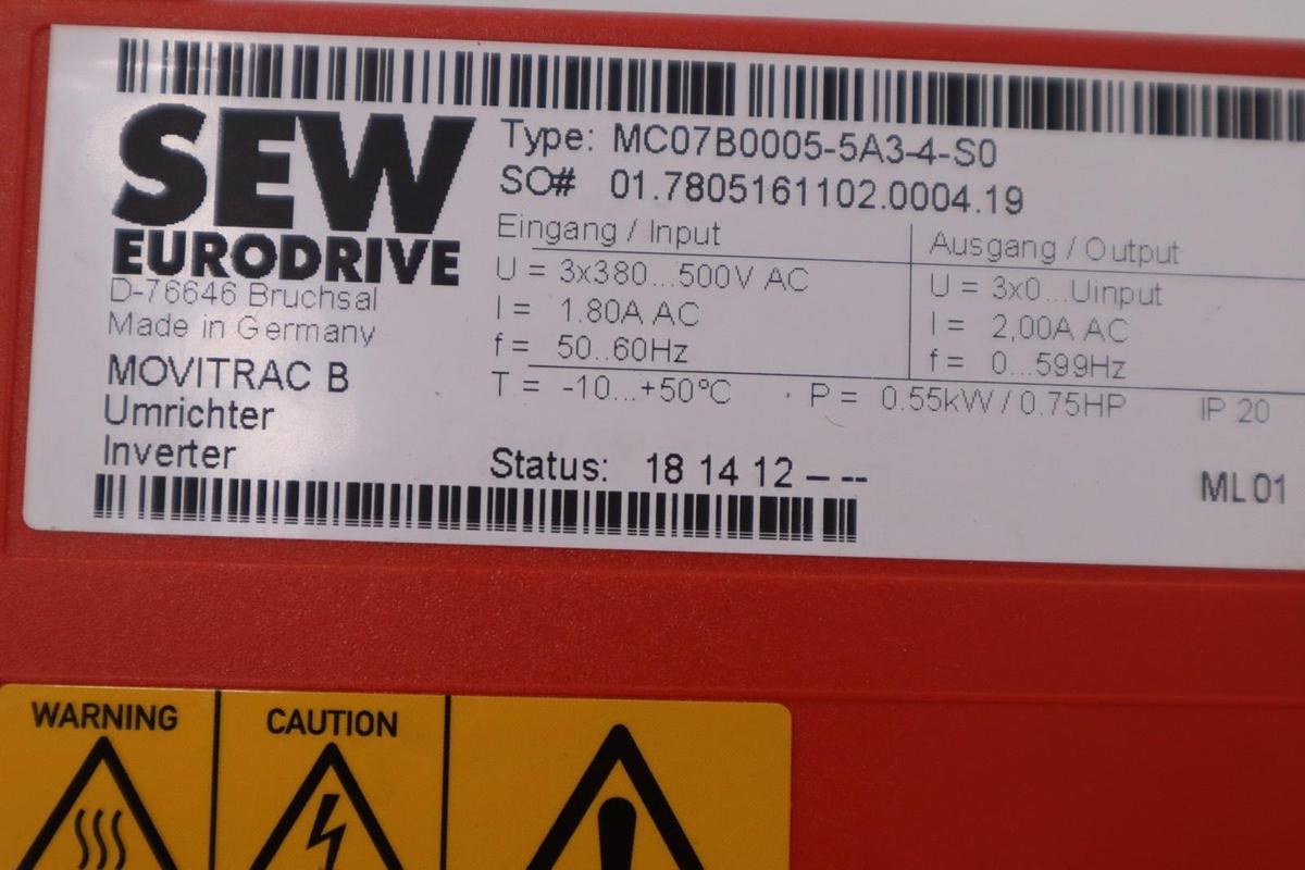 Used SEW Eurodrive MC07B0005-5A3-4-S0 MOVITRAC B STOCK H-802C