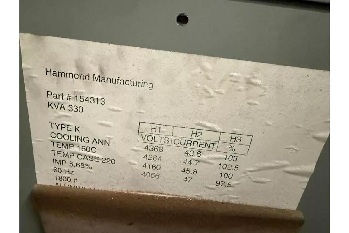 Used 330 KVA 4160/480 HAMMOND MANUFACTURING DRY TYPE TRANSFORMER