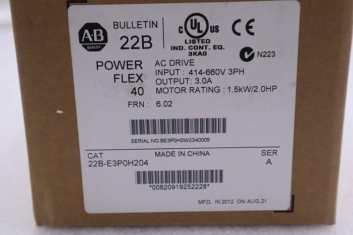 NEW ALLEN BRADLEY 22B-E3P0H204 POWERFLEX 40 2 HP SER A STOCK 2531