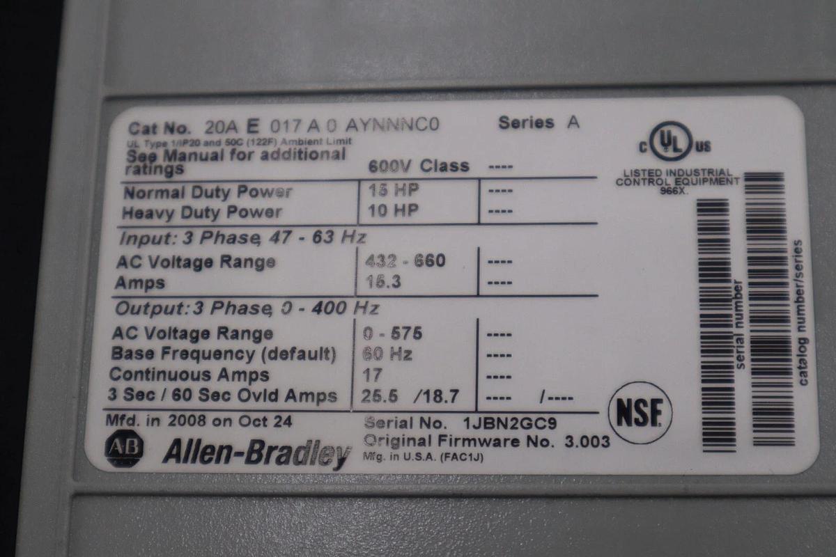 Used 15 HP ALLEN BRADLEY 20AE017A0AYNNNC0 600V POWERFLEX 70 VFD DRIVE STOCK 1802B