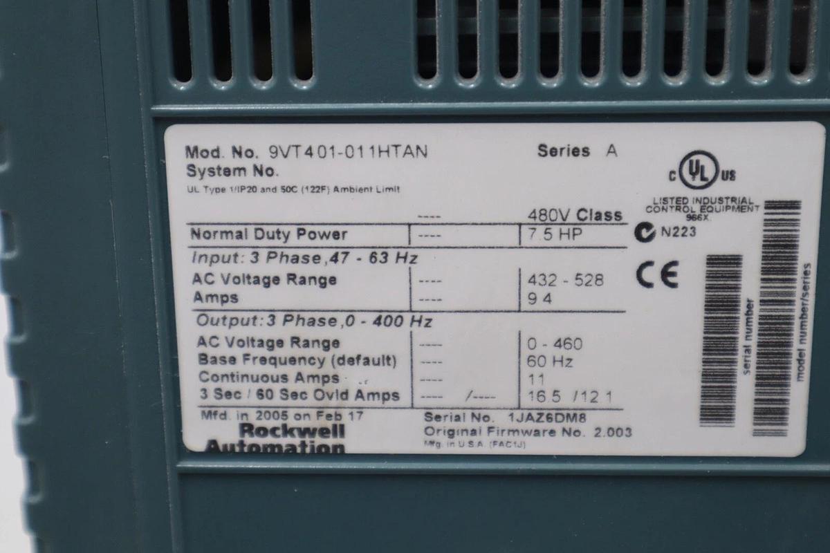Used ROCKWELL AUTOMATION 9VT401-011HTANNVTAC 9 HVAC DRIVE 7.5 HP #2232