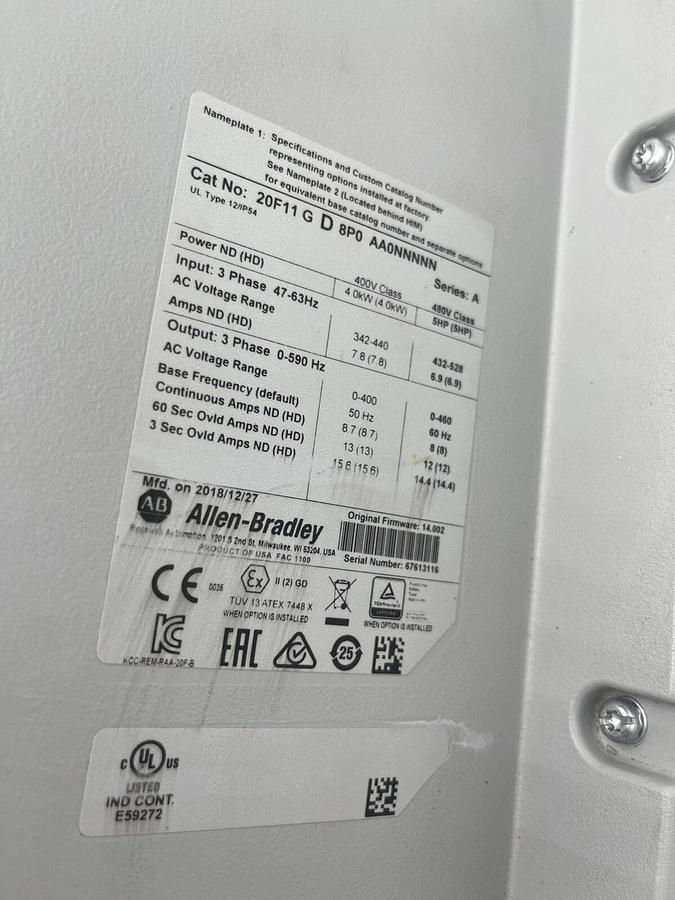 Used Allen Bradley PowerFlex 753 5 HP VFD 20F11GD8P0AA0NNNNN MFG 2018 STOCK 3925