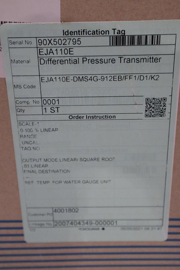 Used YOKOGAWA EJA110E-DMS4G-912EB/FF1/D1/K2 - EJA110E DIFFERENTIAL TRANSMITTER NEW