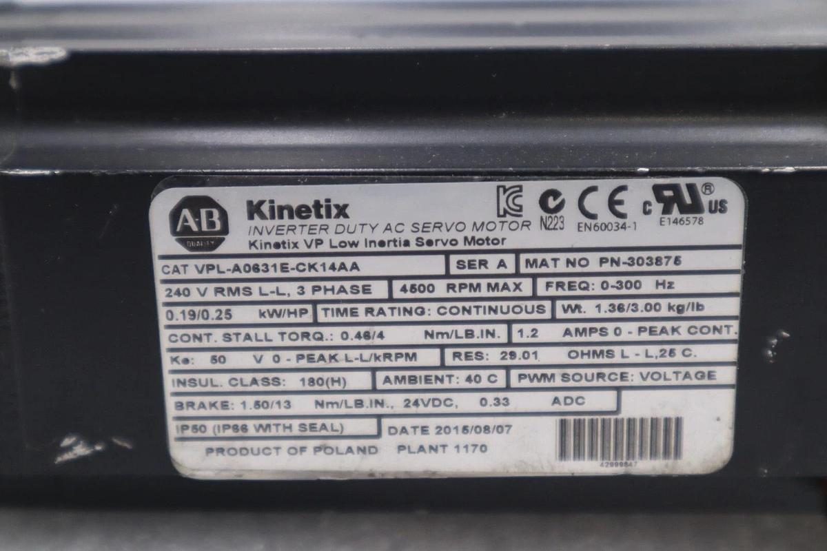 Used Allen Bradley VPL-A0631E-CK14AA SERVO MOTOR STOCK K-2573-b