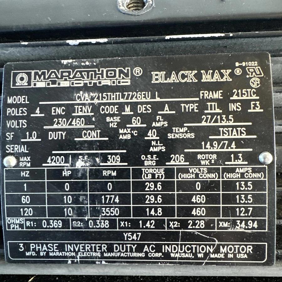 Used Marathon Motor CVA 215THTL7726EU L Inverter Duty AC Induction Motor 10 HP #HP111