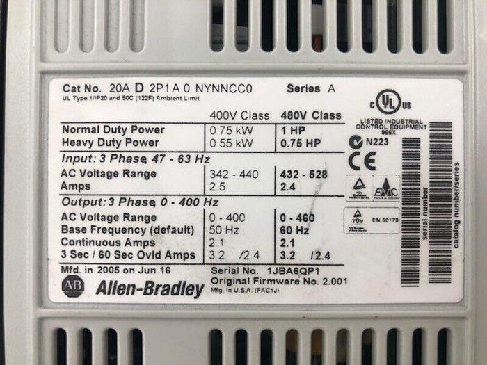 Used ALLEN BRADLEY POWERFLEX 70 20AD3P1A0NYNNCC0 SERIES A F/W 2.001 STOCK 536