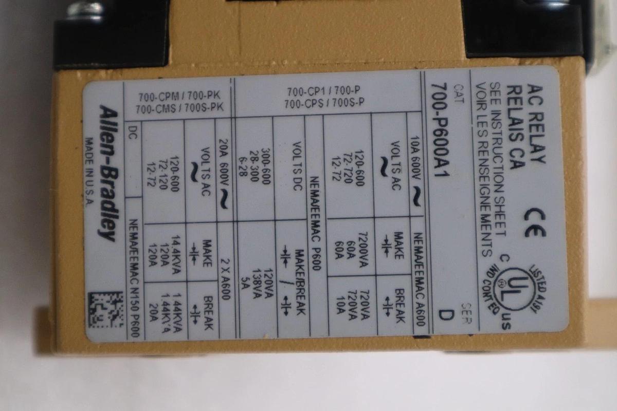 NEW OPEN BOX AB Allen-Bradley 700-P600A1 Drive AC Relay 600V Series A STK K3969C