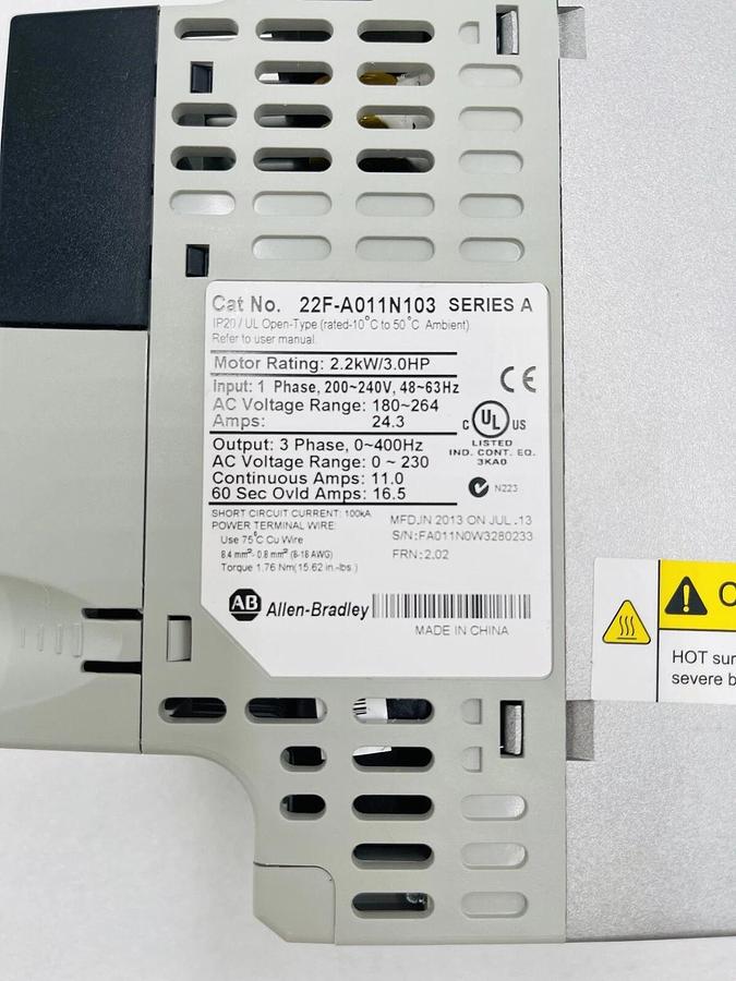 Used Allen Bradley 22F-A011N103 Inverter 1Phase 200-240VAC 2.2KW/3.0HP STOCK 2262