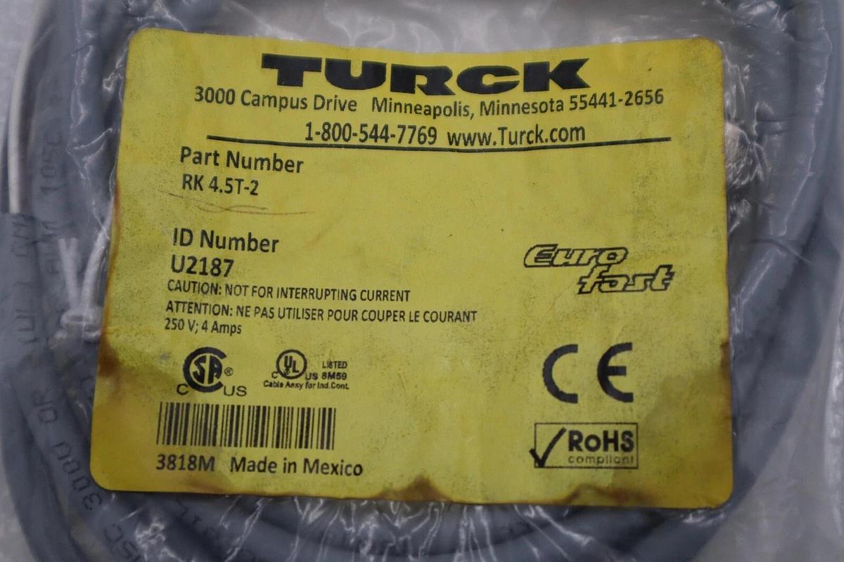 New TURCK RK-4.5T-2 EUROFAST RK-4.5T-2 CABLE CORDSET STOCK G983A