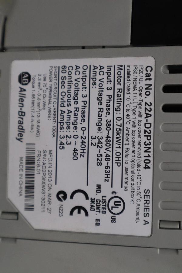 Used Allen Bradley AB 22A-D2P3N104 /A PowerFlex 4 AC Drive 1HP 3Ph 480V STOCK H1404