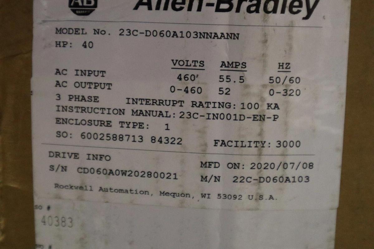 NEW AB 23C-D060A103NNAANN AC DRIVE ADJUSTABLE FREQUENCY POWERFLEX 400 STK 2788C